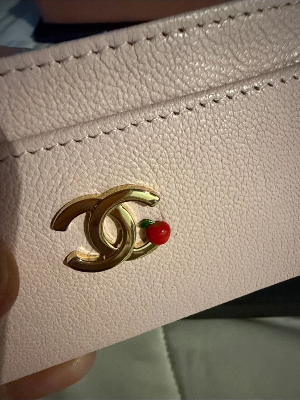 100% Authentic CHANEL Pink Card Holder with Gold CC Emblem and Apple